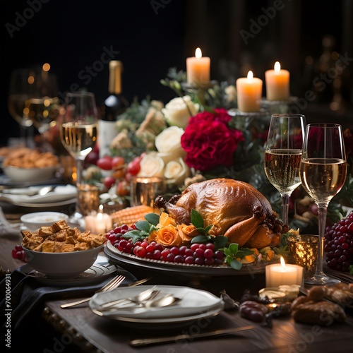 Thanksgiving table setting with turkey and other traditional dishes on wooden table