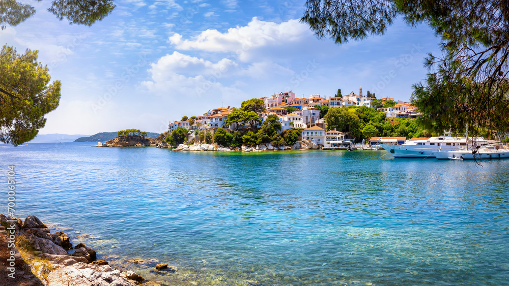 Panoramic view of the old harbour of Skiathos Town, Sporades, Greece