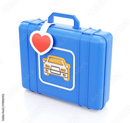 Automotive Service with Love. A modern plastic toolcase with a car pictogram in the front side of it. There is a heart label fixed on the handle. 3D rendering graphics on reflective white background.