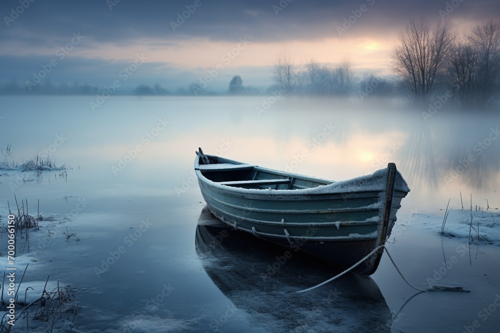 boat on the lake at sunset in winter