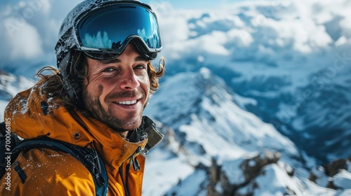 handsome man with Ski goggles, ski clothing and Ski helmet, selfie