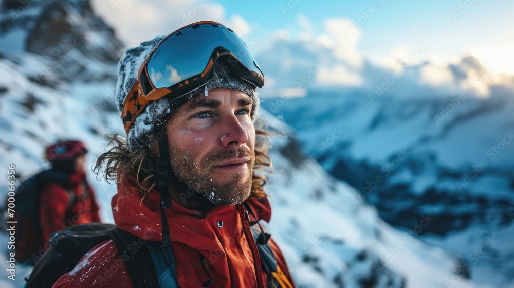 handsome man with Ski goggles, ski clothing handsome man with Ski goggles, ski clothing