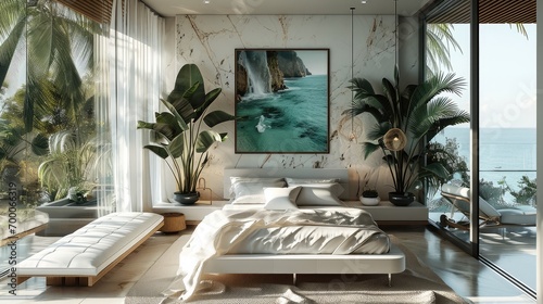 A bedroom with interior design by tropical beach modern style. Generative AI. © visoot