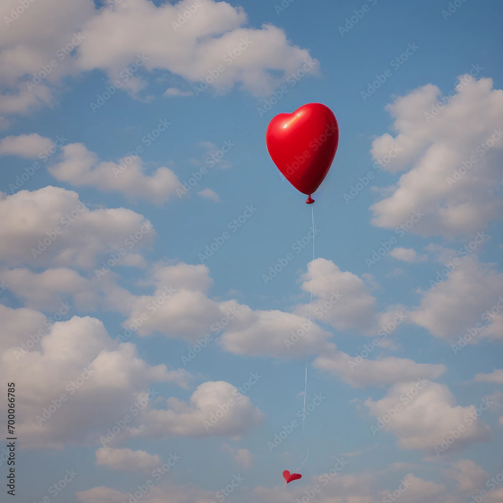 Free photo of red heart balloon is floating in a sky with clouds. AI generative image.