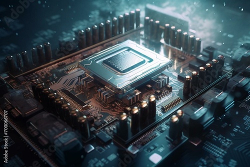 Global database. Motherboard, processor, CPU, quantum computer 3D illustration. High tech, Blockchain, Cyberspace, Innovation and technology. Generative AI