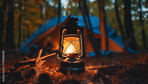 Serenità nel Bosco- Lanterna su un Albero, Fuoco Ardente e Comfort della Natura nella Notte Silente