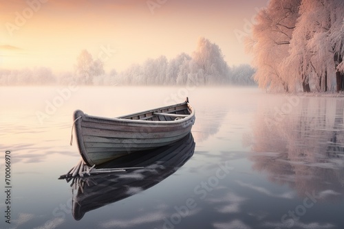 boat on the lake at sunset in winter © Psd