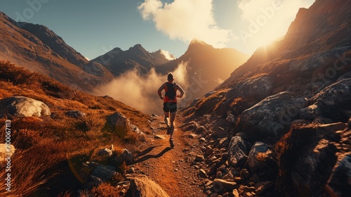 A trail runner conquering challenging mountain trails. Generative AI.
