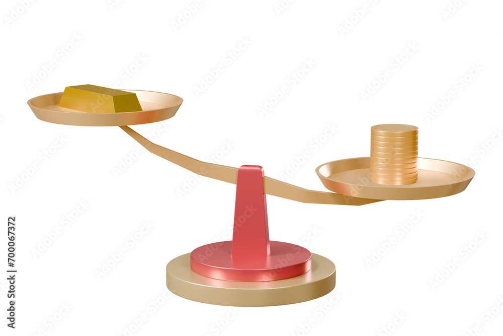 3d Imbalance scales icon with gold ingot and gold coin icon on pink ...