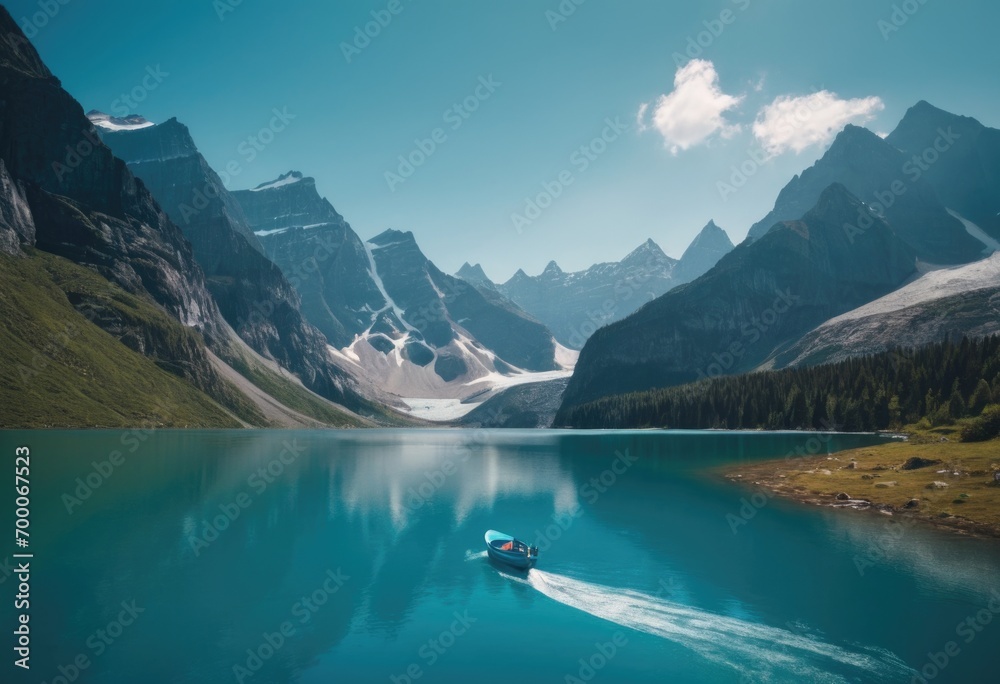 the glacier in the lake with a blue boat on the water