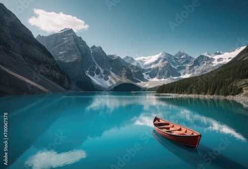 the glacier in the lake with a blue boat on the water © Liera