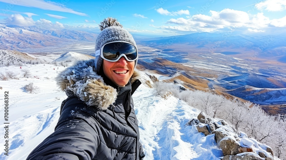 man with Ski goggles, ski clothing and Ski helmet, selfie
