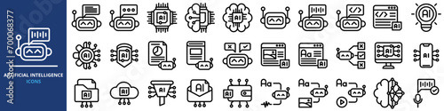 Artificial Intelligence Line Editable Icons set. Vector illustration in modern thin-line style icons of AI technology, machine learning, and smart robotics. 64 px icon-based.