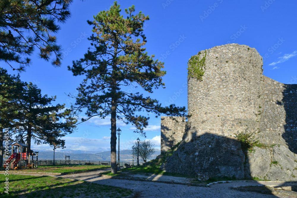 View of the walls of a medieval castle in Pico, a village in Lazio, Italy.