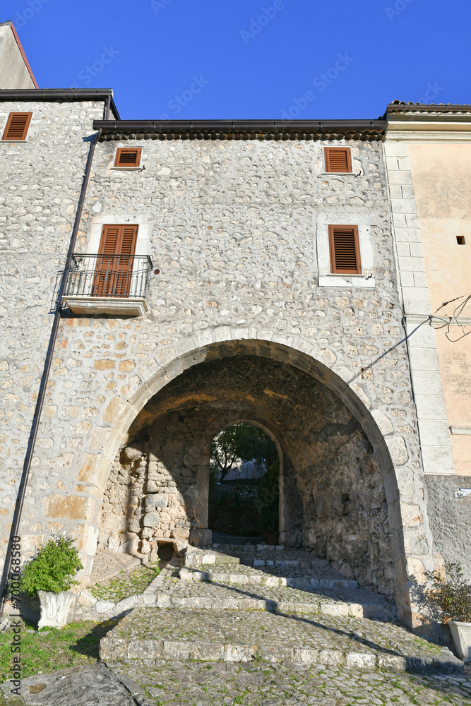 The facade of an old house in Pico, a medieval village in Lazio, Italy.
