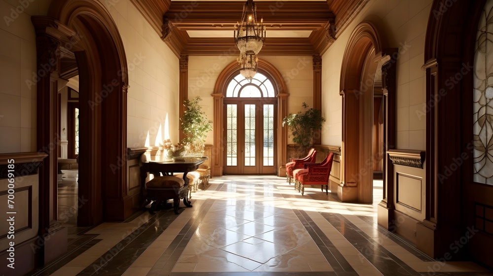 Luxury interior of an old building with windows and parquet