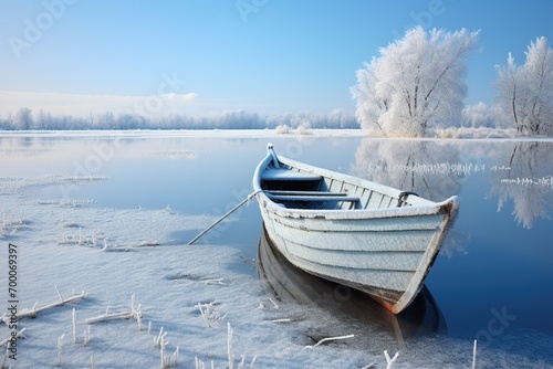 boat on the lake at sunset in winter