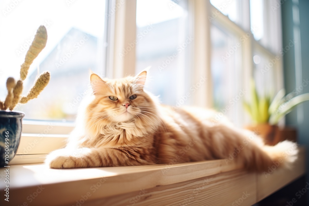 fluffy cat stretched out on sunny windowsill