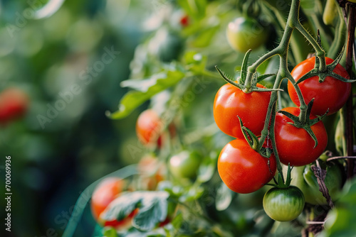 Red ripe tomatoes hanging on a branch in farm
