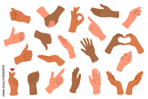Set of hands of different skin tone with gestures isolated on white background.	