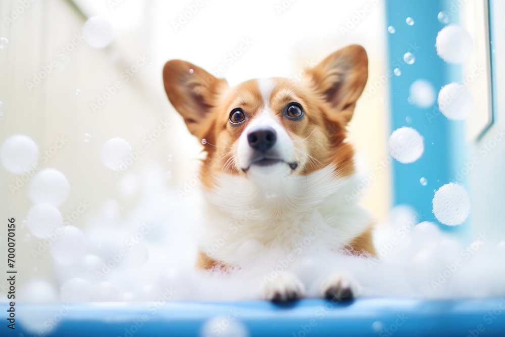 corgi in a bubble bath, surrounded by foam corgi in a bubble bath, surrounded by foam