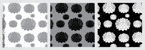Set of Black, White & Grey Lotus Flower Seamless Pattern