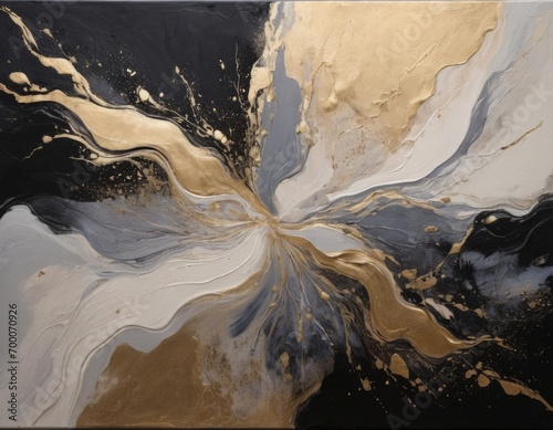 abstract painting of black, silver, beige and gold