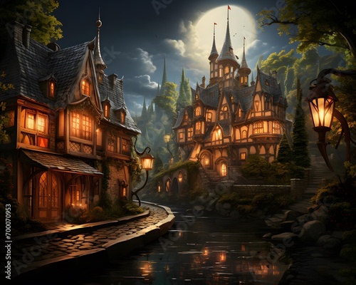 Halloween night scene with haunted house and full moon - illustration for children