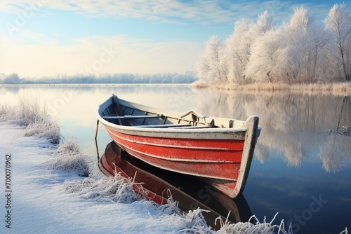 a boat on a lake, extreme weather (winter)