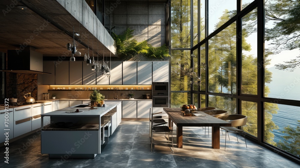 A modern clean looking kitchen with high ceilings and large windows. Generative AI. A modern clean looking kitchen with high ceilings and large windows. Generative AI.