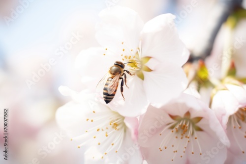 close-up bee on a cherry blossom