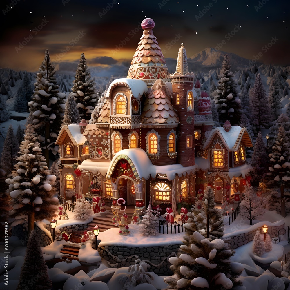 Christmas and New Year background with a gingerbread house in the forest