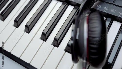 A DJ (musician)'s headphones are on the synthesizer (piano) keyboard. Shot in motion. Closeup photo