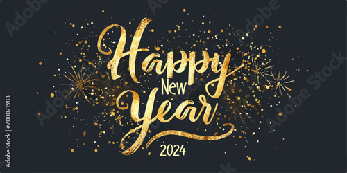 Happy New Year 2024 with calligraphic and brush painted with sparkles and glitter text effect. Vector illustration background for new year's eve and new year resolutions and happy wishes photo