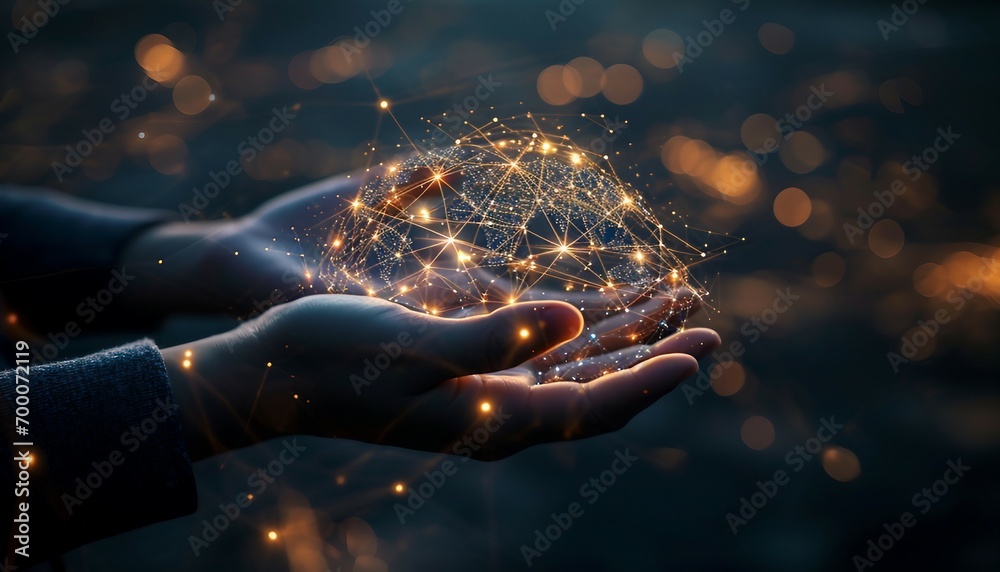 Abstract palm hands with global network connections, innovative technologies in the field of science and communication, Hand holding flying earth network global connection concept - obrazy, fototapety, plakaty 