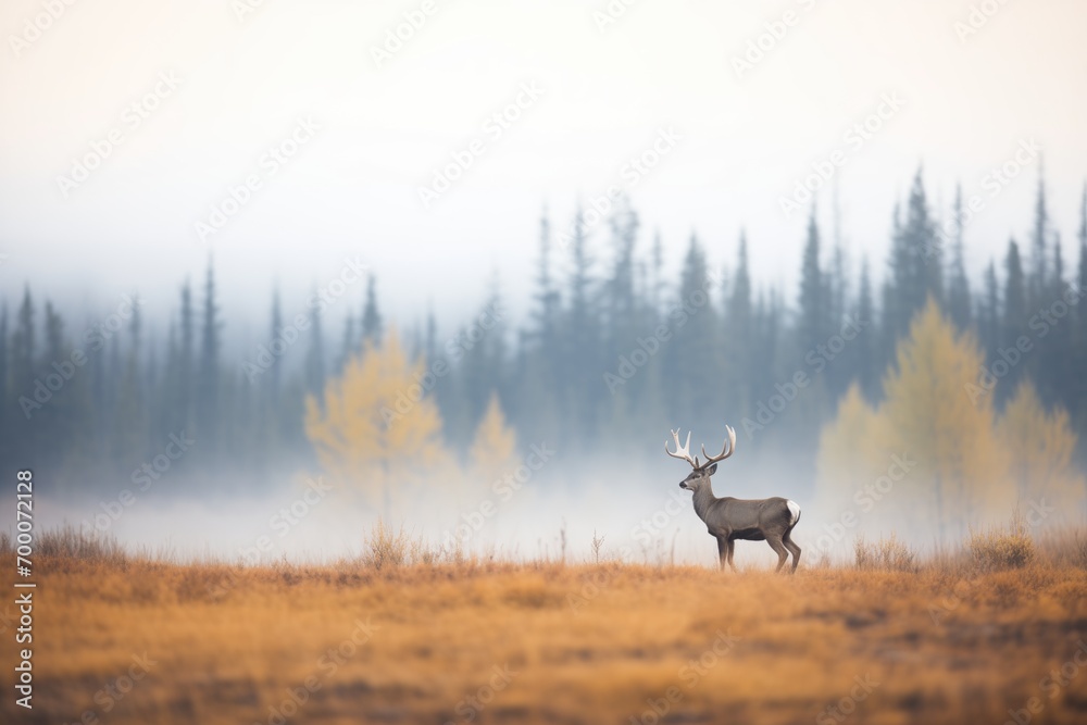 foggy morning scene with caribou in the distance foggy morning scene with caribou in the distance