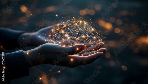 Abstract palm hands with global network connections, innovative technologies in the field of science and communication, Hand holding flying earth network global connection concept photo