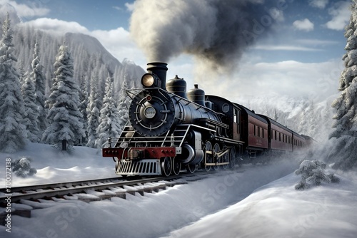 vintage steam train in the ice cold mountains