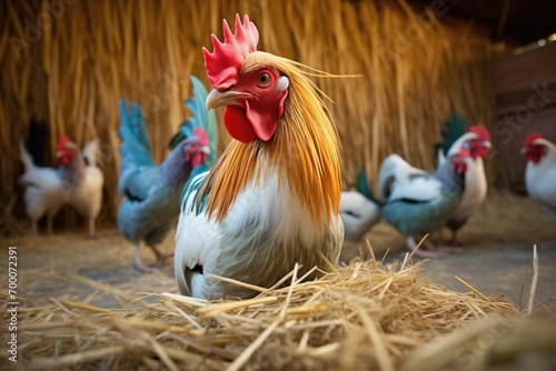 a rooster standing guard as hens peck in hay photo