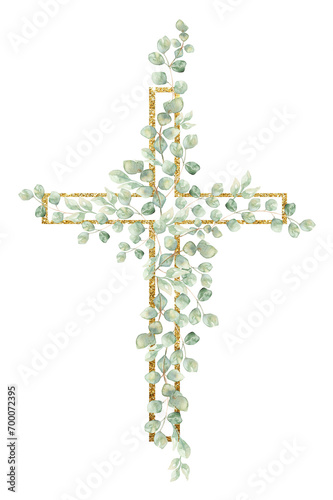 Watercolor Easter Cross Clipart, Religious illustration, Eucalyptus cross, Baptism clip art, Holy Spirit clipart, greenery