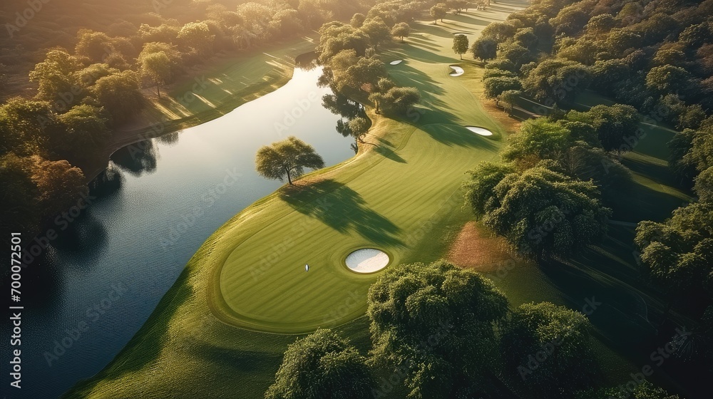 Golf course, Aerial high view. Generative AI. - obrazy, fototapety, plakaty 