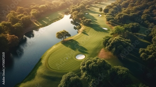 Golf course, Aerial high view. Generative AI. photo