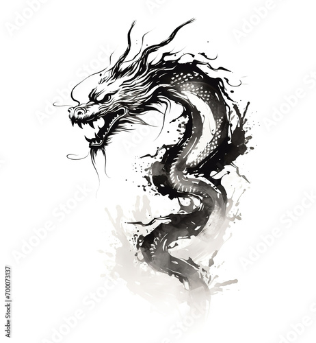 Dragon watercolor painting with black ink on white background traditional Chinese style. Mythical creatures, Ancient animals. Illustration, Generative AI.