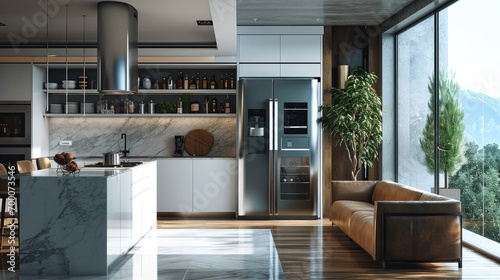 High-end built-in fridge in a modern kitchen. Generative AI. photo
