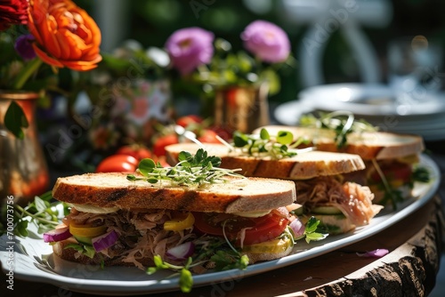 Tuna sandwiches on a tray on a table at a garden party. Generative AI.