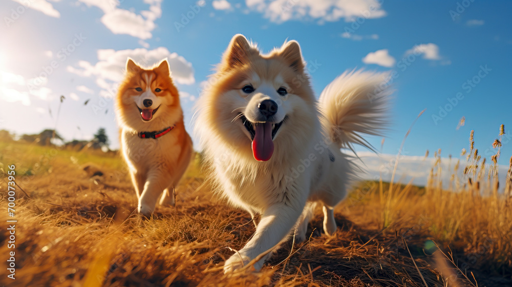 Joyful Canine Companions Frolic in Autumn Fields Created with Generative AI Technology