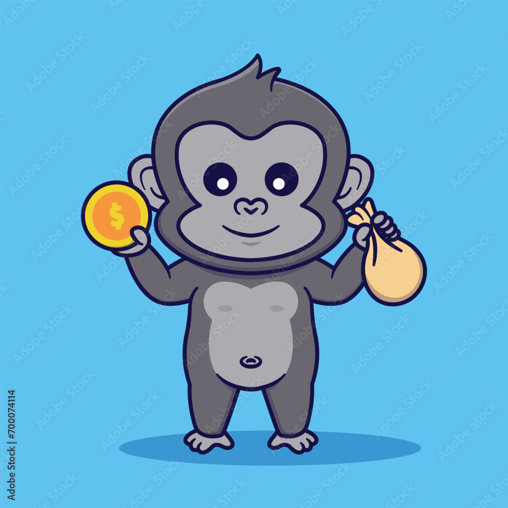 Cute Gorilla Holding Coin And Bag Vector Illustration Cute Gorilla Holding Coin And Bag Vector Illustration