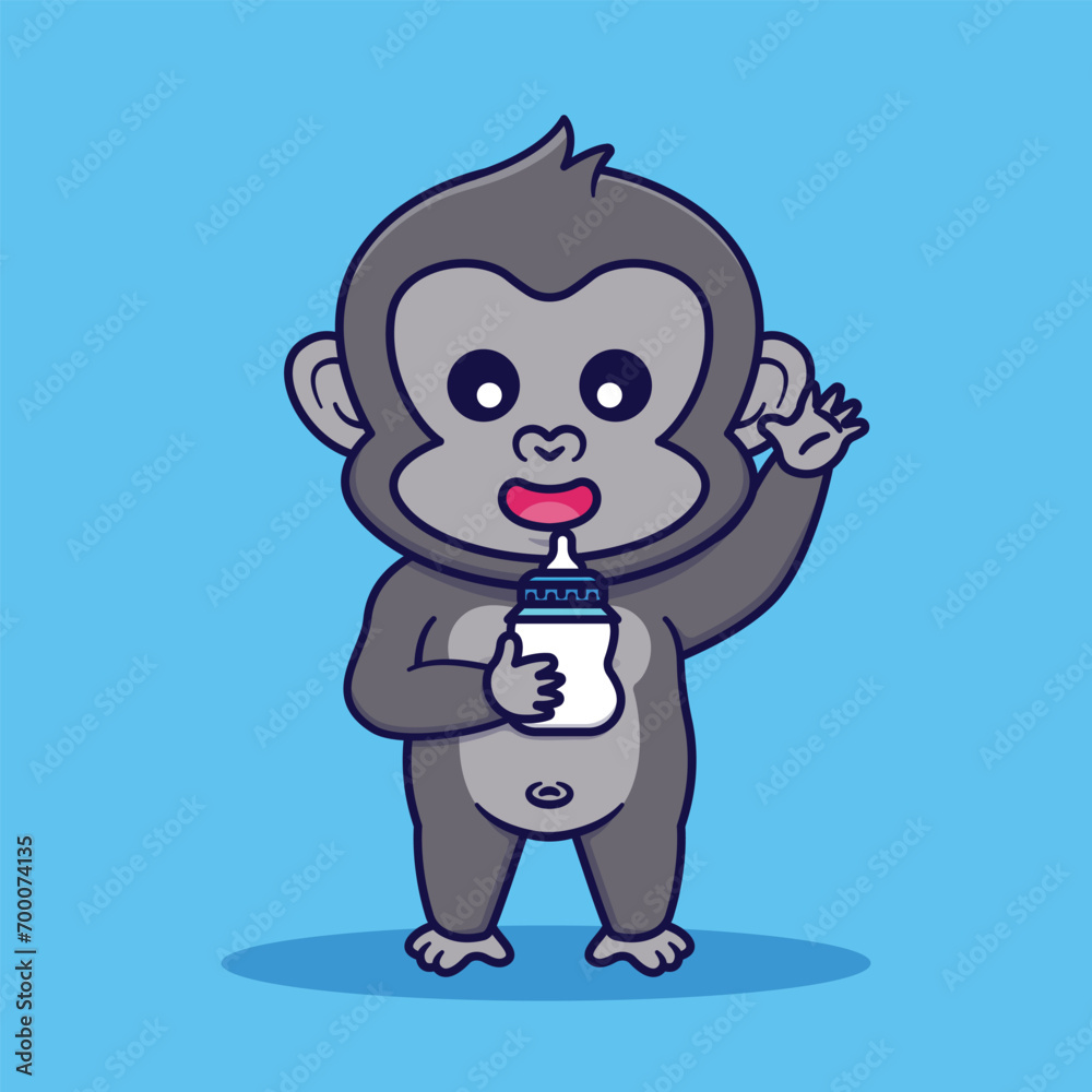 Cute Gorilla Holding Milk Pacifier Vector Cartoon Illustration