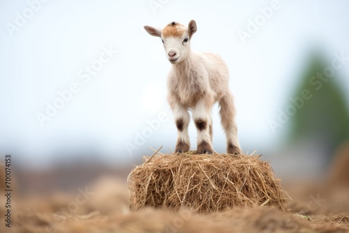baby goat standing on a small haystack