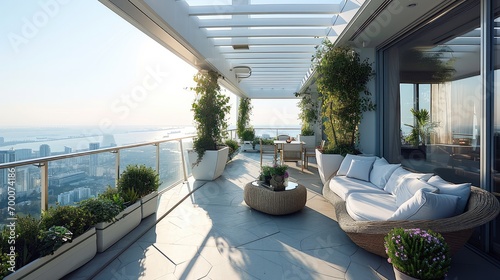 A luxurious balcony in a high-rise penthouse. Generative AI. © visoot